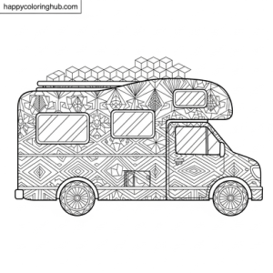 Geometric camper vans coloring page for anxiety relief