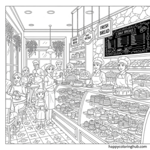 Grayscale bakeries coloring page for teens