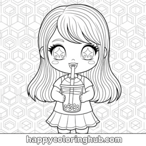 Grayscale bubble tea coloring page for women