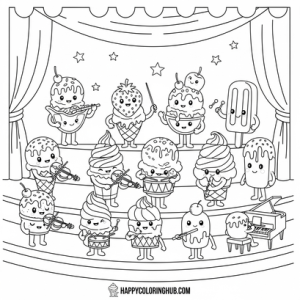 Ice cream playing music coloring page for adults