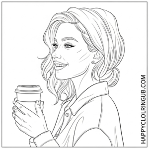 Makeup drinking coffee coloring page for women