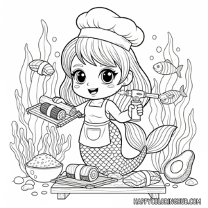 Mermaids baking coloring page for adults