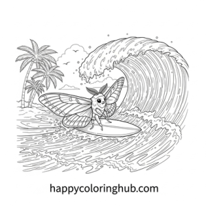 Moths surfing coloring page for kids