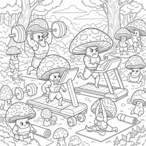 Mushrooms working out coloring page for teens