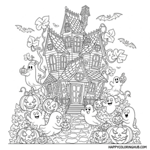 Relaxing trippy haunted houses coloring page