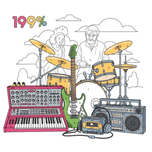 Retro 90s musical instruments coloring page for seniors