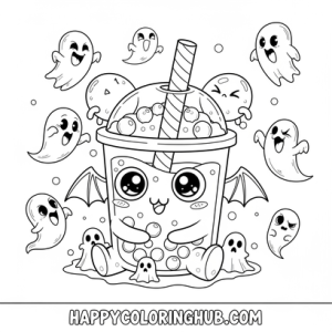 Scary doodle bubble tea coloring page