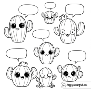 Simple creepy kawaii cactuses coloring page