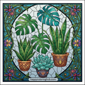 Simple stained glass houseplants coloring page