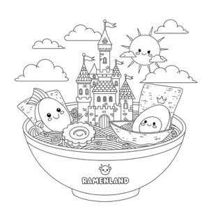 Surreal ramen coloring page for kids