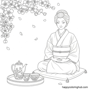 Tea time meditating coloring page for women
