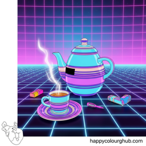 Vaporwave tea time coloring page for adults