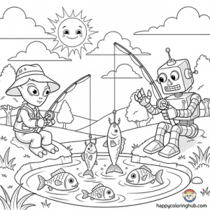 Aliens fishing coloring page for stress relief