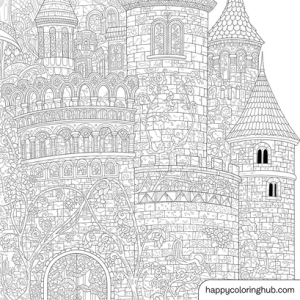 Black background castles coloring page for women