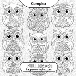 Complex retro 90s owls coloring page