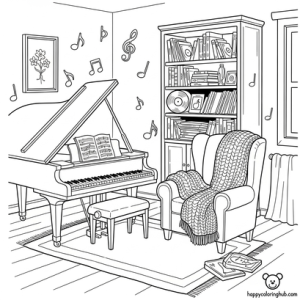 Cozy music room coloring page
