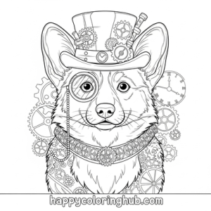 Cute steampunk corgis coloring page
