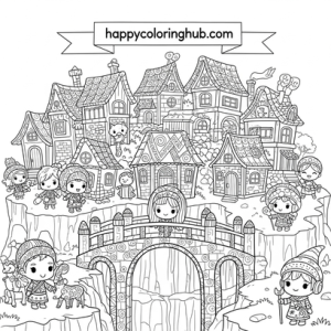 Detailed dark fantasy villages coloring page