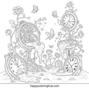 Detailed surreal watches coloring page