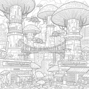 Easy cyberpunk fungi coloring page