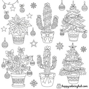 Houseplants christmas coloring page for kids