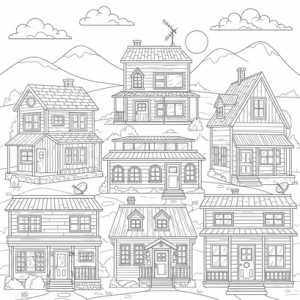 Retro 90s tiny homes coloring page for stress relief