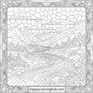 Stained glass landscapes coloring page