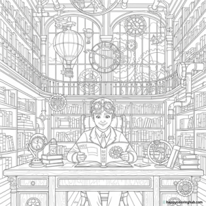 Steampunk libraries coloring page for seniors