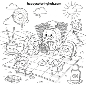 Surreal sushi coloring page for anxiety relief