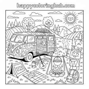 Van life cooking coloring page for kids