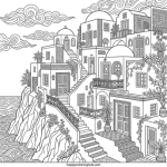 Santorini architecture coloring page