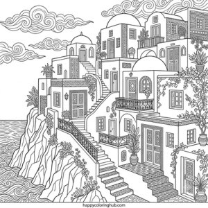 Santorini architecture coloring page