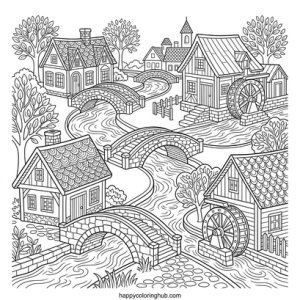 Complex pixel art villages coloring page