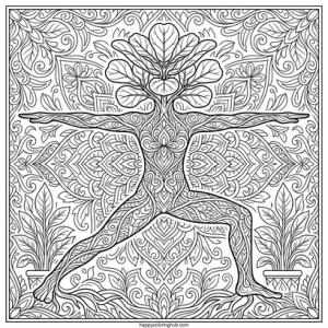 Houseplants doing yoga coloring page for stress relief