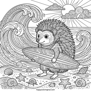 Hedgehogs surfing coloring page for women