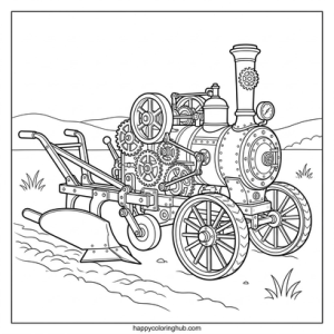 Steampunk farms coloring page for anxiety relief