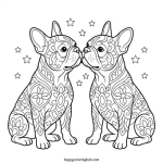 Black background french bulldogs coloring page for relaxation