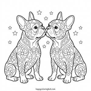 Black background french bulldogs coloring page for relaxation