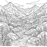 Grayscale mountains coloring page for adults