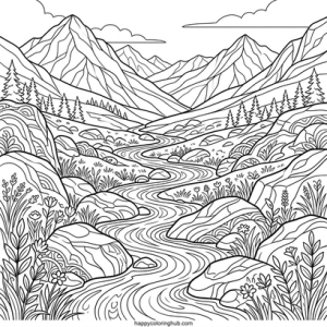 Grayscale mountains coloring page for adults