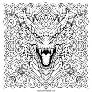 Tattoo style dragons coloring page for anxiety relief