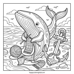 Whales knitting coloring page for teens