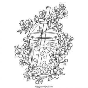 Grayscale bubble tea coloring page for adults