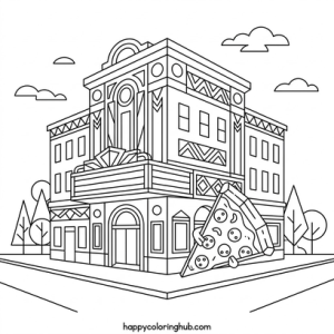 Cities eating pizza coloring page