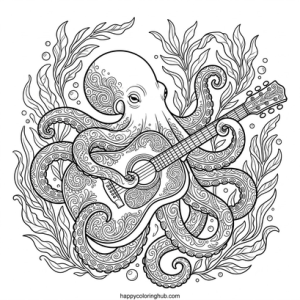 Octopus playing music coloring page for anxiety relief