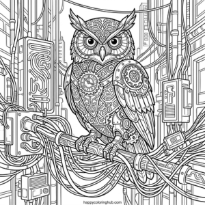 Cyberpunk owls coloring page for women