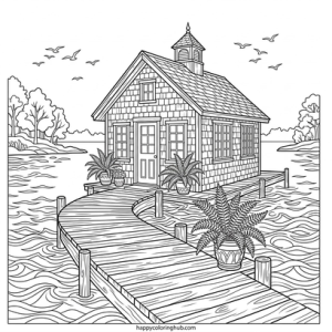Cozy boat house coloring page