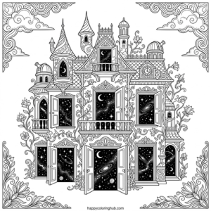 Scary surreal haunted houses coloring page