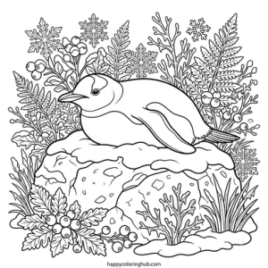 Penguins in winter coloring page