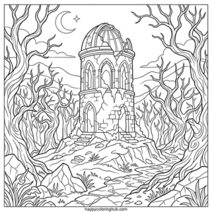Complex dark fantasy cities coloring page